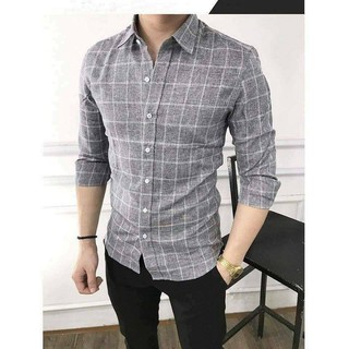 Áo sơ mi nam vải đũi kẻ carô trẻ trung màu ghi xám