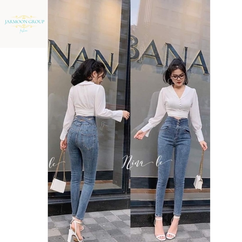 Quần jean Nữ Lưng Cao AD602JM Quần Bò Nữ Xanh Đậm Trơn Lưng Siêu Cao Tôn Dáng 5 Nút Chuẩn Skinny (SIZE26 - 30)