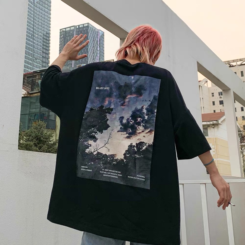 Áo Thun Ngắn Tay Cổ Tròn Họa Tiết Hoa Phong Cách harajuku retro Cho Cặp Đôi FARUILINE MEN331
