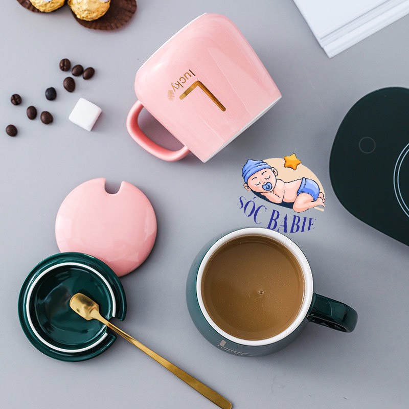 CỐC LY SỨ UỐNG TRÀ CAFE CÓ NẮP KÈM THÌA VÀNG