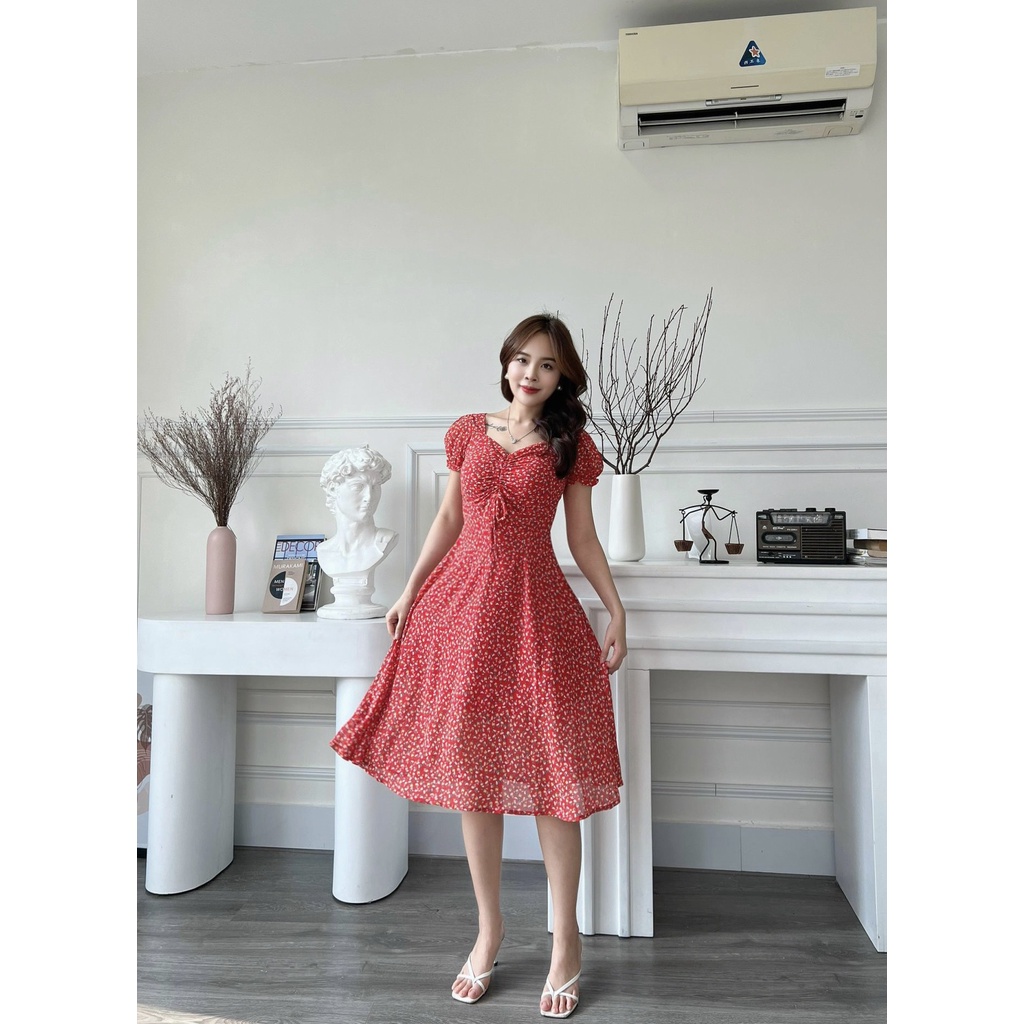 Đầm xòe hoa nhí rút ngực tay phồng bo thun - GR0225