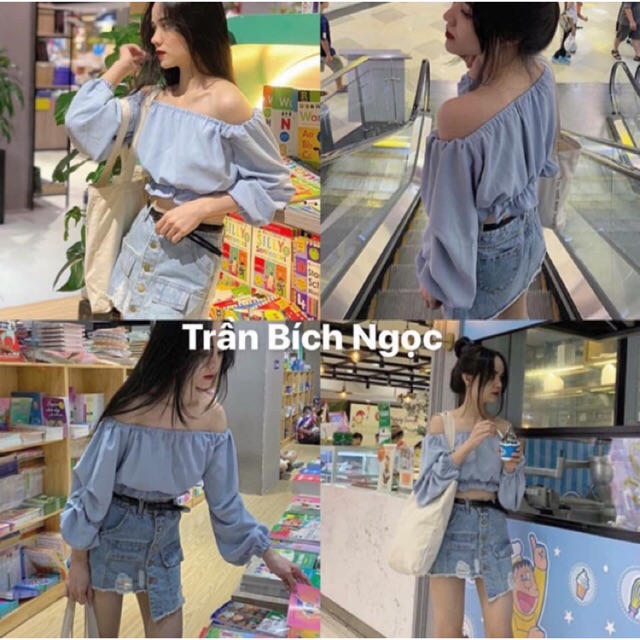 ÁO KAIA CROPTOP - ÁO TRỄ VAI TAY DÀI SIÊU XINH - Áo croptop trễ vai tay phồng nhíu chỉ ulzzang