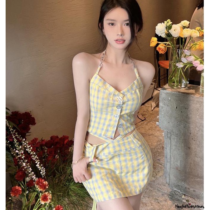 Set Áo Lửng 2 Dây Hở Lưng + Chân Váy Ngắn Lưng Cao Phong Cách Vintage Thời Trang Mùa Hè Cho Nữ Y2K