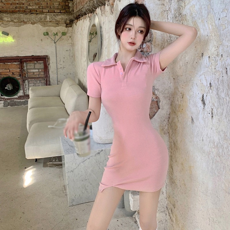 Đầm Tay Ngắn Màu Sắc Đơn Giản Phong Cách Retro Hàn Quốc