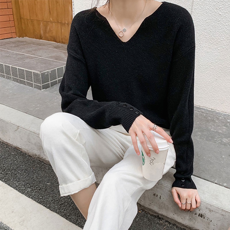 Áo dệt kim Xiaozhainv dáng rộng tay dài cổ V có 4 màu thời trang