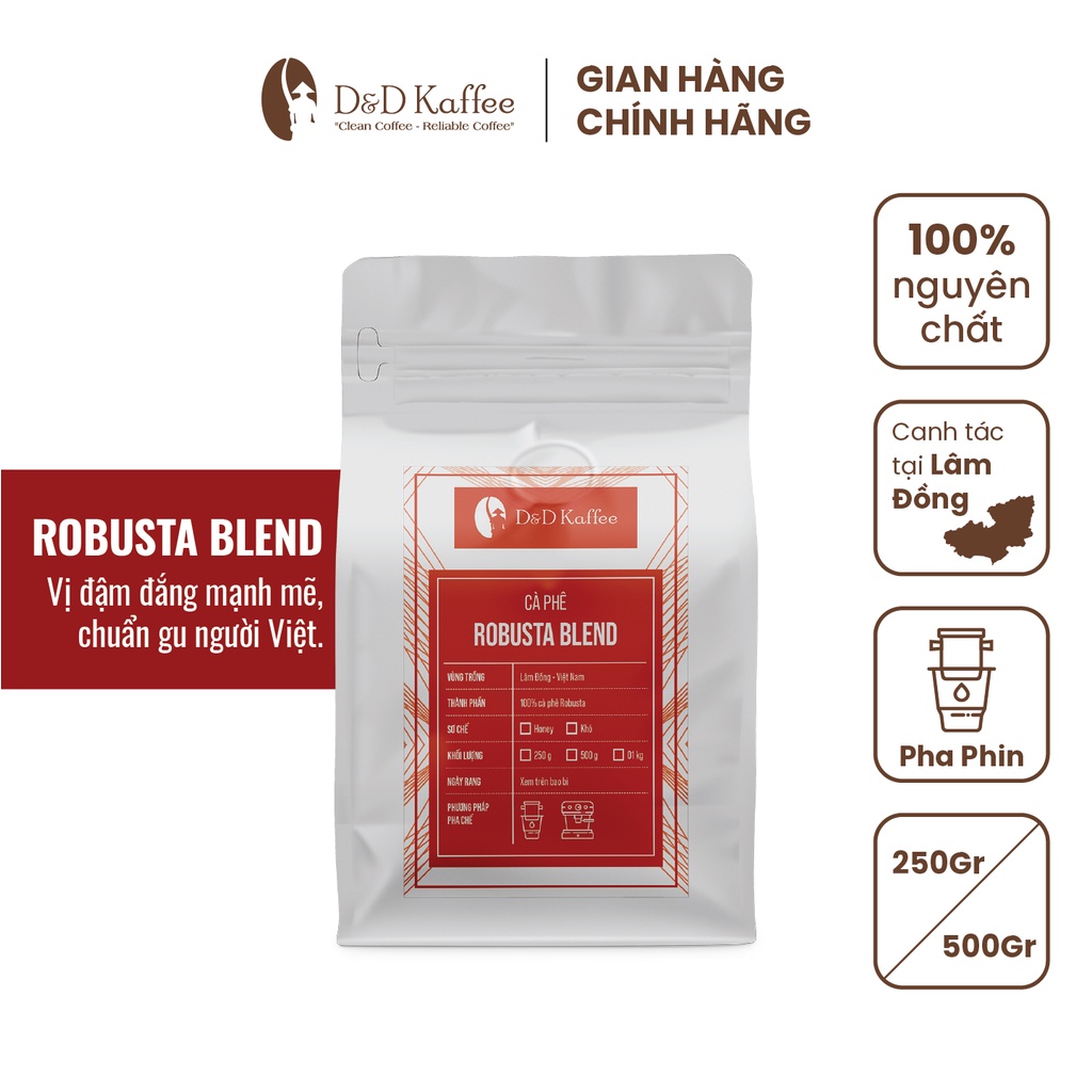 Cà phê Robusta Nguyên Chất Rang Mộc 100% - Gu Đậm ROBUSTA BLEND - D&D Kaffee [Tặng 3 Gói CF túi lọc khi mua 2 gói 500gr]