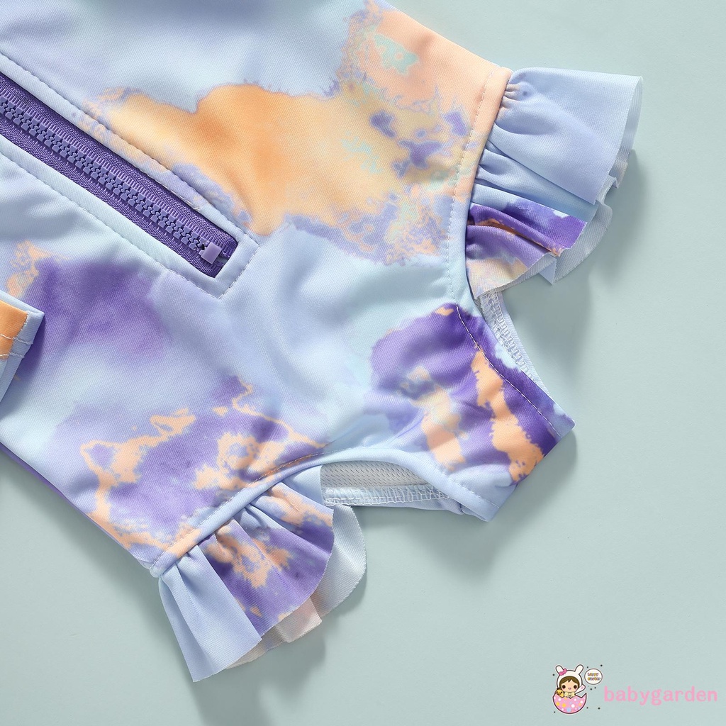 Bộ Đồ Bơi Liền Thân Tay Dài Cổ Tròn Màu Nhuộm Có Khóa Kéo Và Diềm Xếp Nếp Cho Bé Gái