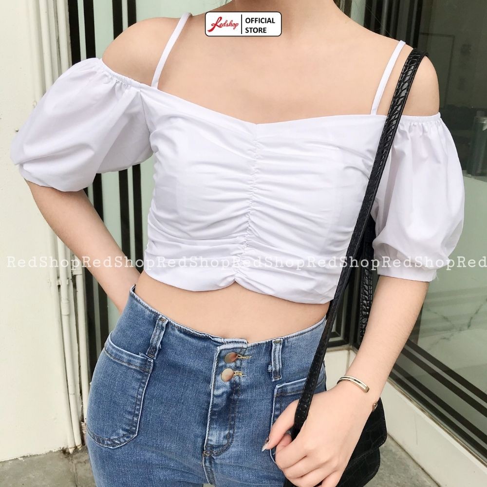 Áo Sơ Mi Croptop Trễ Vai Dây Vải Thô Chun Màu Trắng REDSHOP