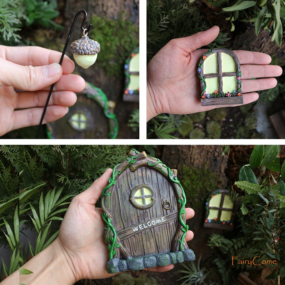 Miniature Tree Decor Fairy Garden Door and Windows Kit with Lamp Glow In The Dark Outdoor Ornament