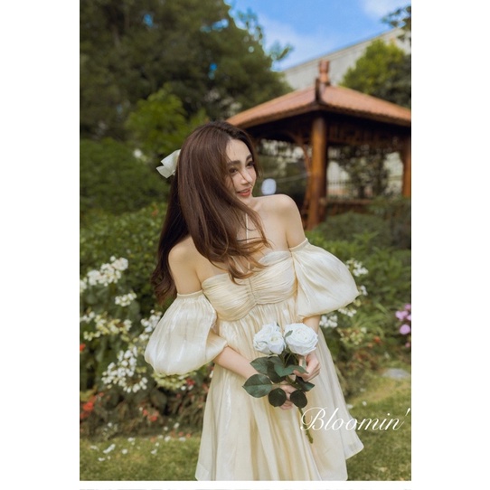 243 Đầm tơ trễ vai nude rút ngực TRÂM ANH BOUTIQUE siêu sang chảnh (có mút ngực) | BigBuy360 - bigbuy360.vn