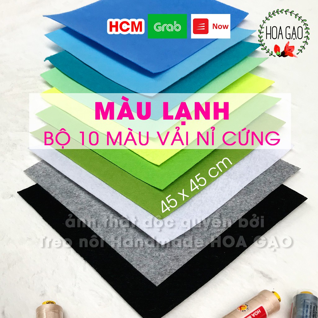 Combo bộ 10 màu vải nỉ cứng pastel lạnh 45x45cm HOA GẠO GNCB4C vải dạ dễ cắt dán, làm sách vải, diy giáo cụ mầm non