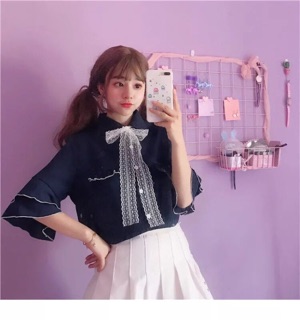 Áo sơmi tiểu thư phối nơ ren