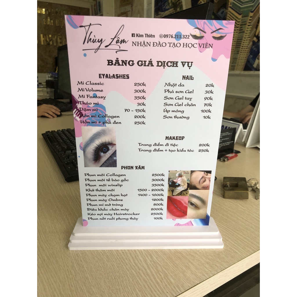 Menu để bàn có đế, bảng giá Spa, Nail Mi in uv theo yêu cầu 2 mặt 20x30 cm miến phí thiết kế