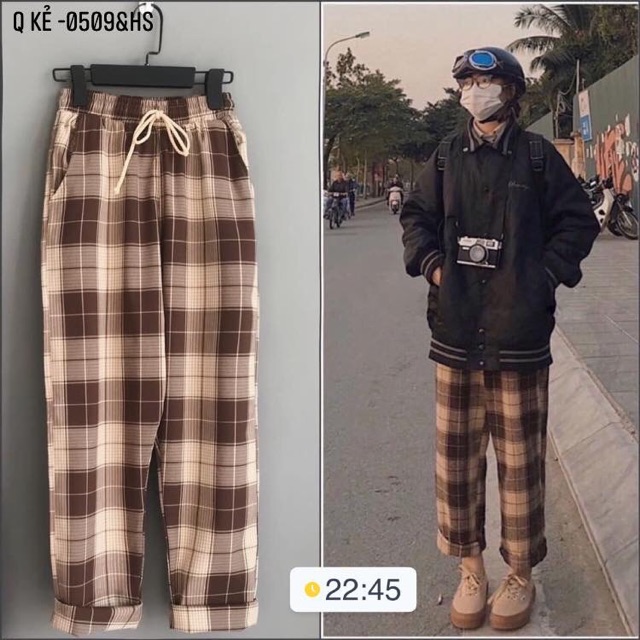 Quần ống rộng kẻ nâu - HS