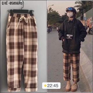 Quần ống rộng kẻ nâu - HS