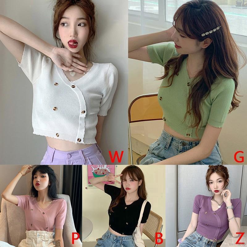 Áo Croptop Dệt Kim Tay Ngắn Thiết Kế Cổ Chữ V Quyến Rũ