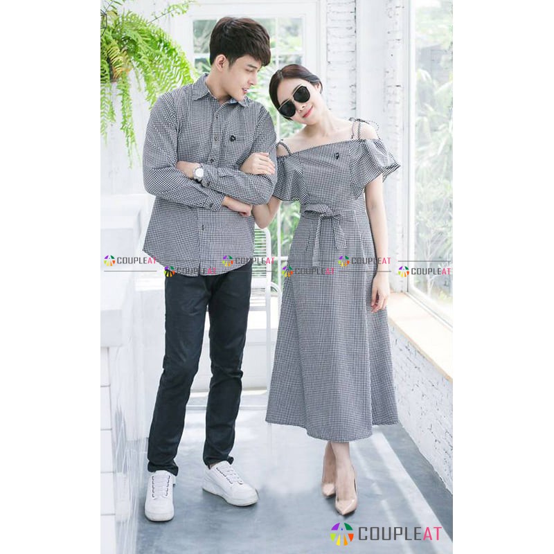 Set Áo Váy Đôi Chụp Hình Cưới Sơ Mi Nam Và Đầm Nữ Trễ Vai Caro