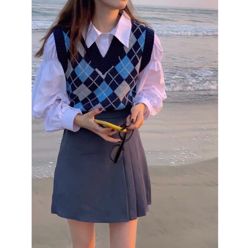 Áo Gile Len Nữ 🦋HOT TREND🦋 Áo Len Sát Nách Kẻ Ô Trám Xanh Phong Cách Vintage