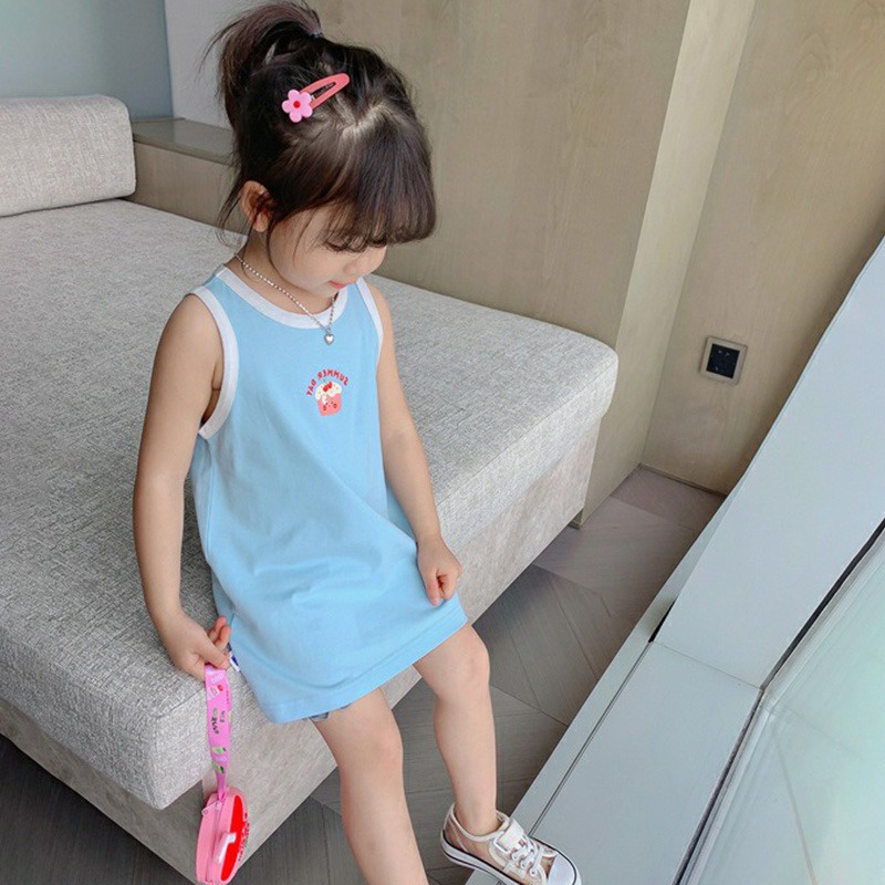 Đầm Sát Nách In Họa Tiết Hoạt Hình Phối Màu Kiểu Hàn Quốc Dễ Thương Cho Bé Gái