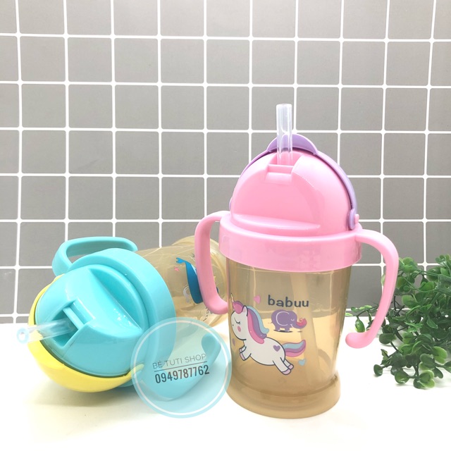 Bình tập uống ống hút silicon tay cầm Babu Baby 180ml Nhật Bản BB17941