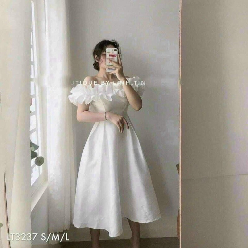 Váy đầm trắng bèo trễ vai cưới dự tiệc siêu dễ thương