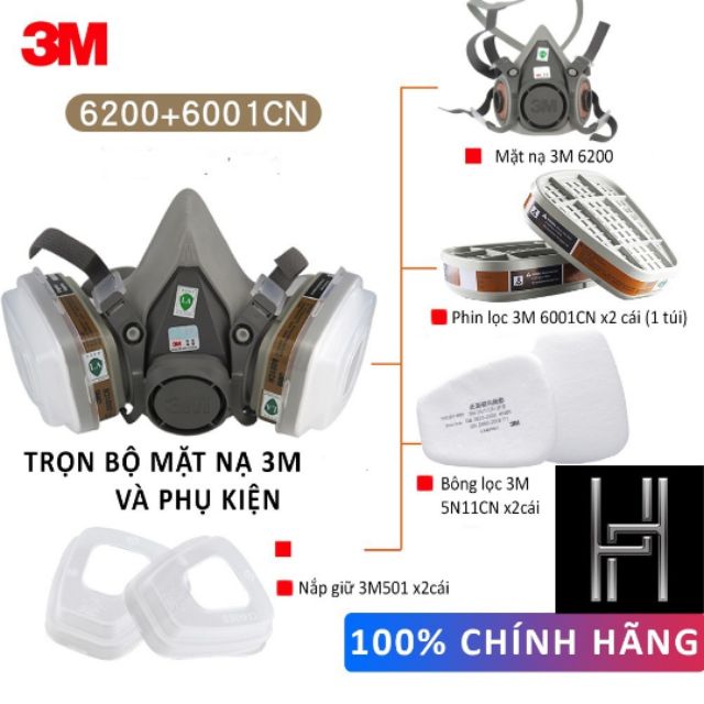 Trọn bộ mặt nạ phòng khói độc 6200 chính hảnh 3M 2 lộc thô +2 lộc than hoạt tính kèm theo