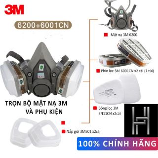 Trọn bộ mặt nạ phòng độc 3M 6200 (chính hảng)7 chi tiết gồm 1 mặt nạ + 2 phin lọc 3M6001 + 2 bông lọc