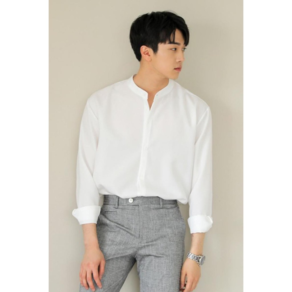 Áo Sơ Mi Form Rộng Phong Cách Hàn Quốc Cổ Trụ Dài Tay Tà Lượn Giấu Cúc , Chất Liệu Kate Lụa Thoáng Mát Mềm Mịn | BigBuy360 - bigbuy360.vn