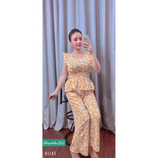 Đồ bộ nữ,đồ ngủ mặc nhà vải lụa hoa cúc quần ống rộng thời trang.