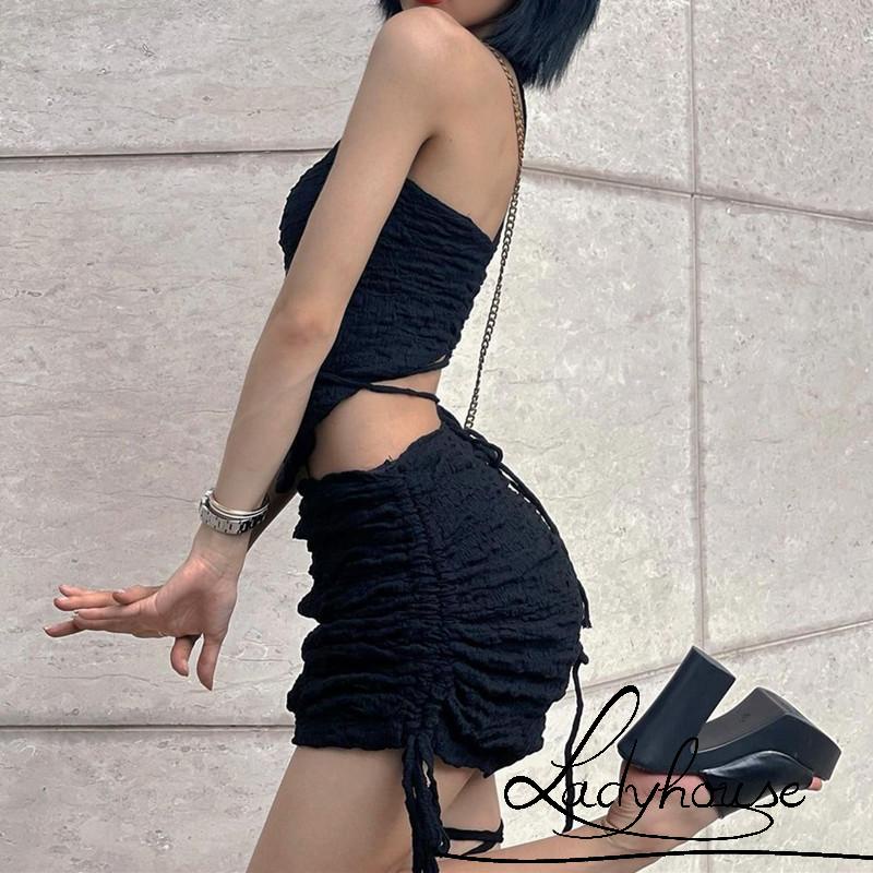 Bộ Trang Phục Hai Mảnh Gồm Áo Hai Dây Màu Trơn Và Chân Váy Dây Rút Màu Đen/Trắng Thời Trang Quyến Rũ Cho Nữ