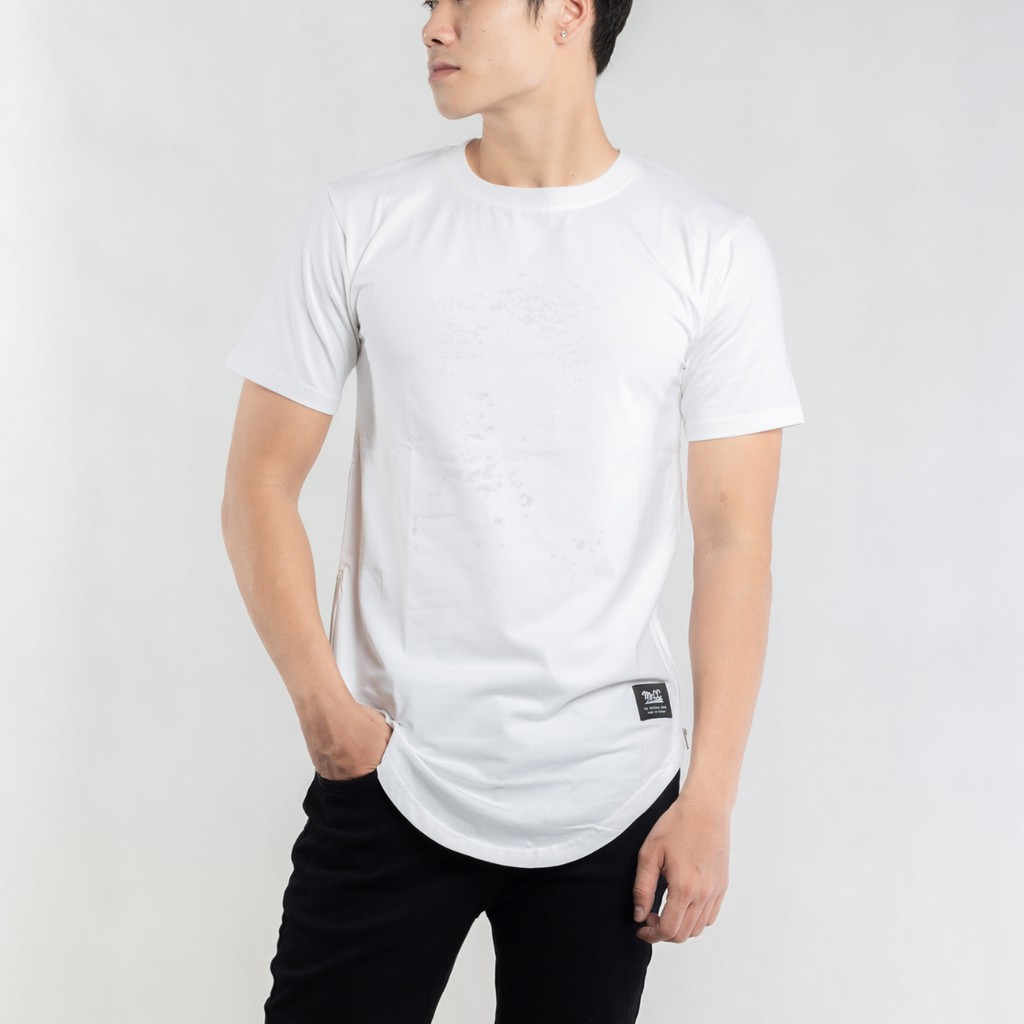 Áo Thun Nam Trơn Cổ Tròn vải Cotton co giãn, dày dặn, Phom Rộng LongTee Zip màu Trắng