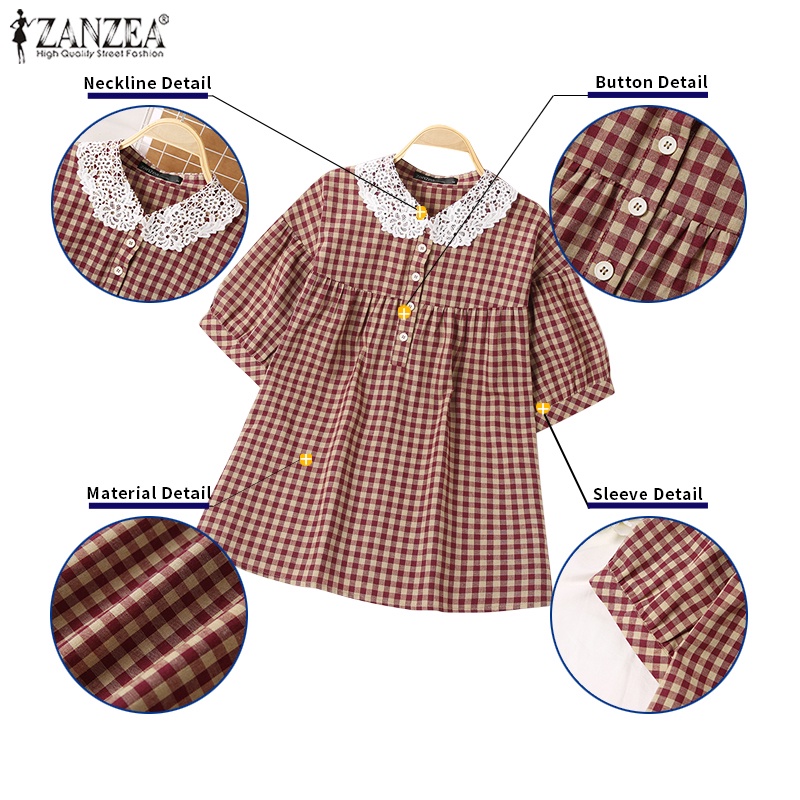 Áo sơ mi ZANZEA tay ngắn phối ren họa tiết sọc caro thời trang cho nữ