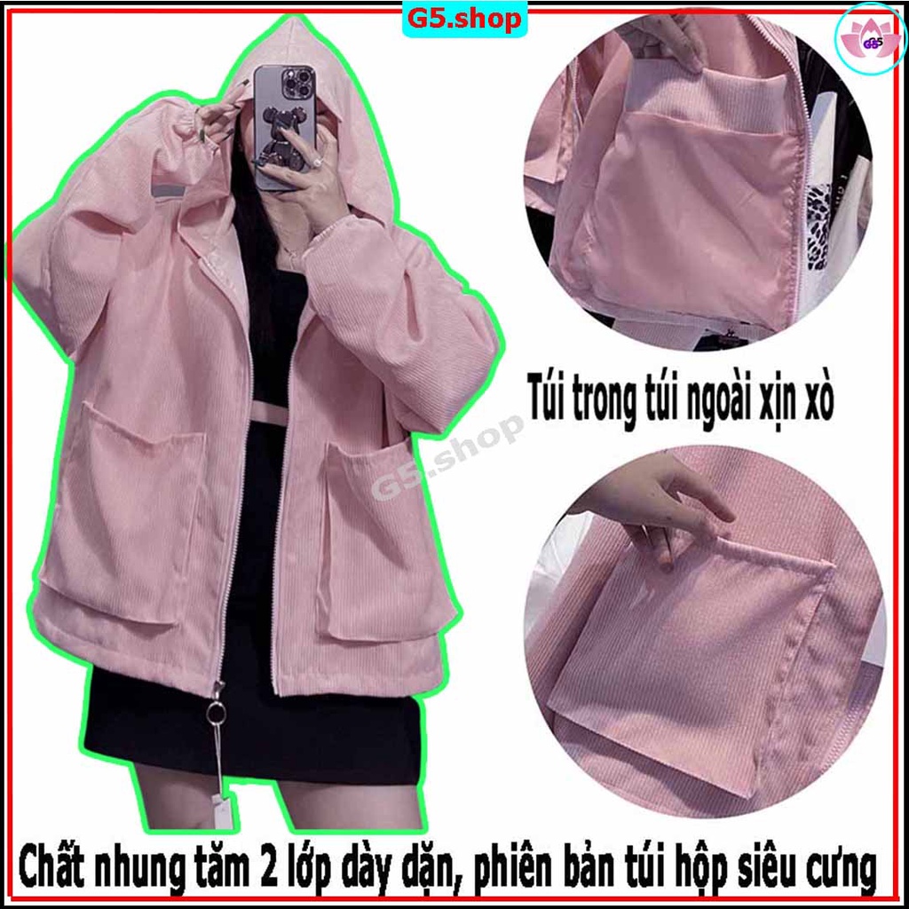 [Ảnh thật] Áo khoác Basic Nhung Gân form rộng cực đẹp Kiểu Túi Hộp Lớn Nón Rộng Chống Nắng