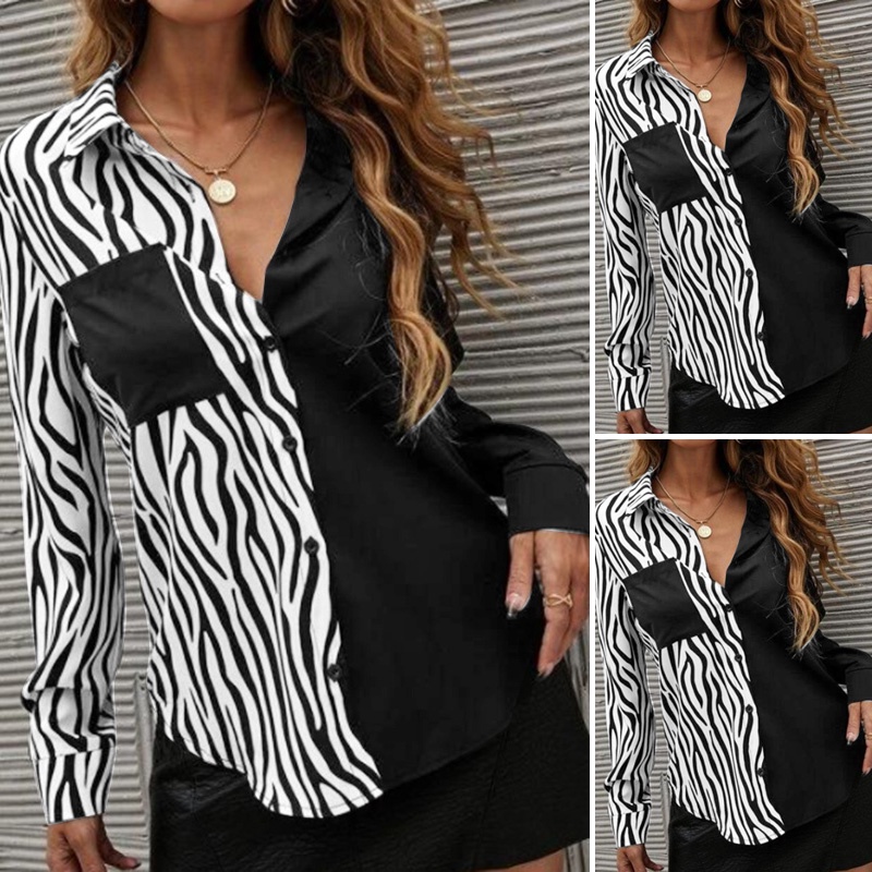 Áo kiểu nữ Zanzea tay dài phối họa tiết ngựa vằn thời trang