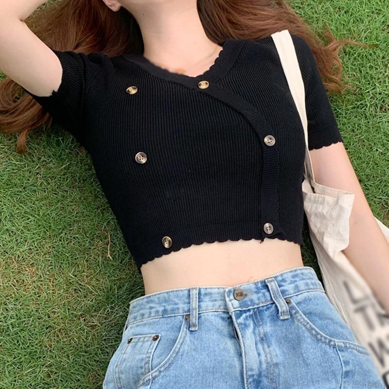 Áo Thun Dệt Kim Tay Ngắn Cổ Chữ V Màu Trơn Phong Cách Hàn Quốc