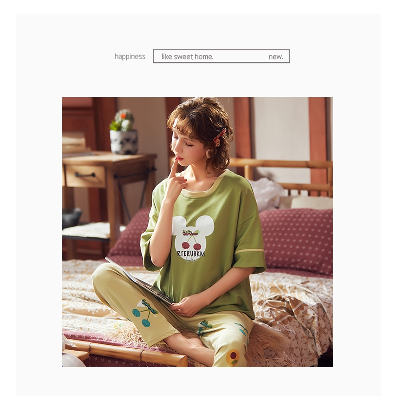 Set Đồ Ngủ Cotton Ngắn Tay In Họa Tiết Hoạt Hình Xinh Xắn Dành Cho Nữ | BigBuy360 - bigbuy360.vn