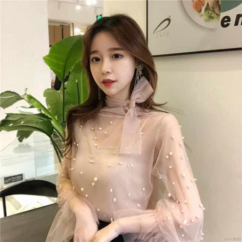 Áo kiểu tay loe dài phối lưới thắt nơ thời trang nữ High quality Tops