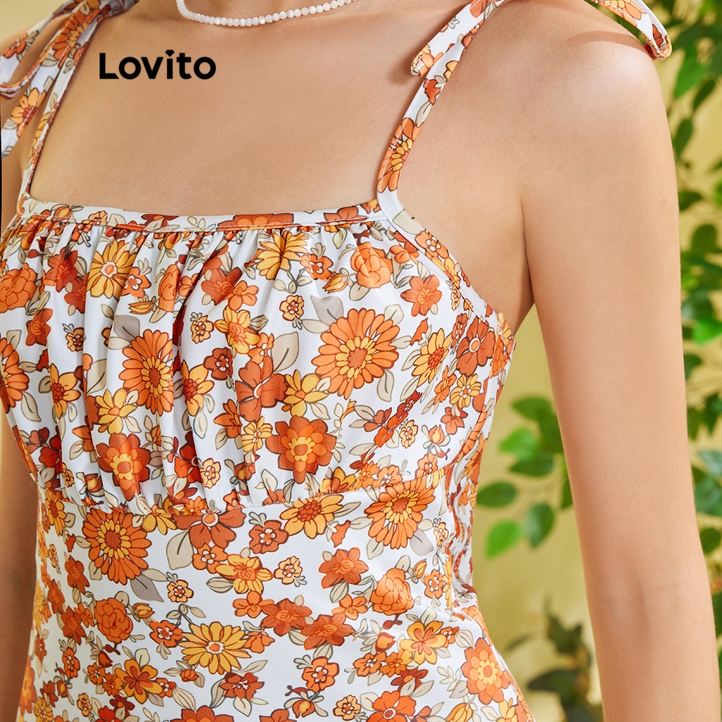 váy đầm Lovito FREE NATURE Ren hoa Shirring ren lên Boho L28EE045 (Cam)