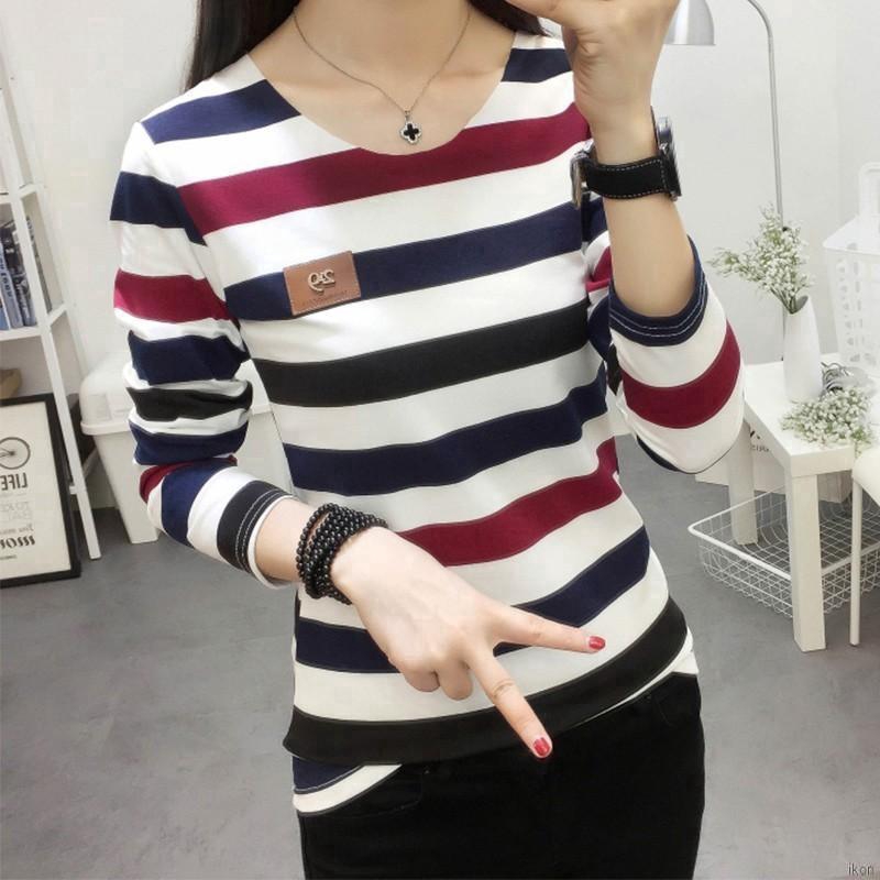 Áo thun tay dài họa tiết kẻ sọc ngang cho nữ