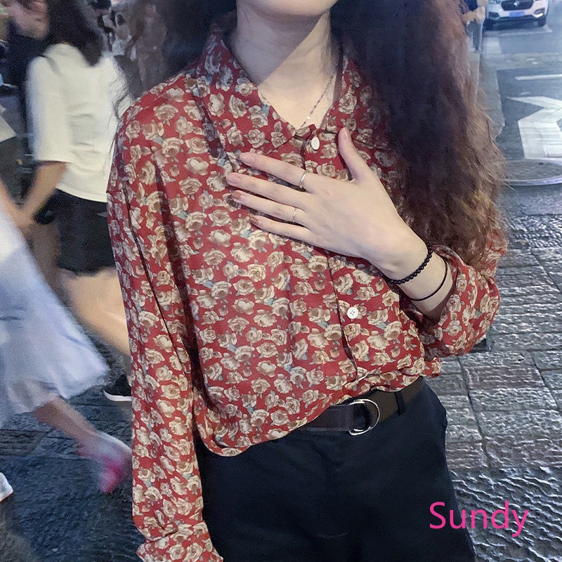 Áo Sơ Mi Chiffon Tay Dài Dáng Rộng In Hoa Xinh Xắn Cho Nữ