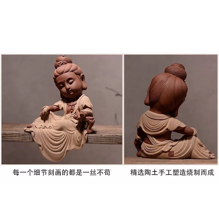 TƯỢNG QUAN ÂM PHỔ HIỀN CỠ TRUNG CẦM CUỘN KINH GỐM TỬ SA - TƯỢNG PHẬT TRANG TRÍ KHÔNG GIAN THIỀN TỊNH