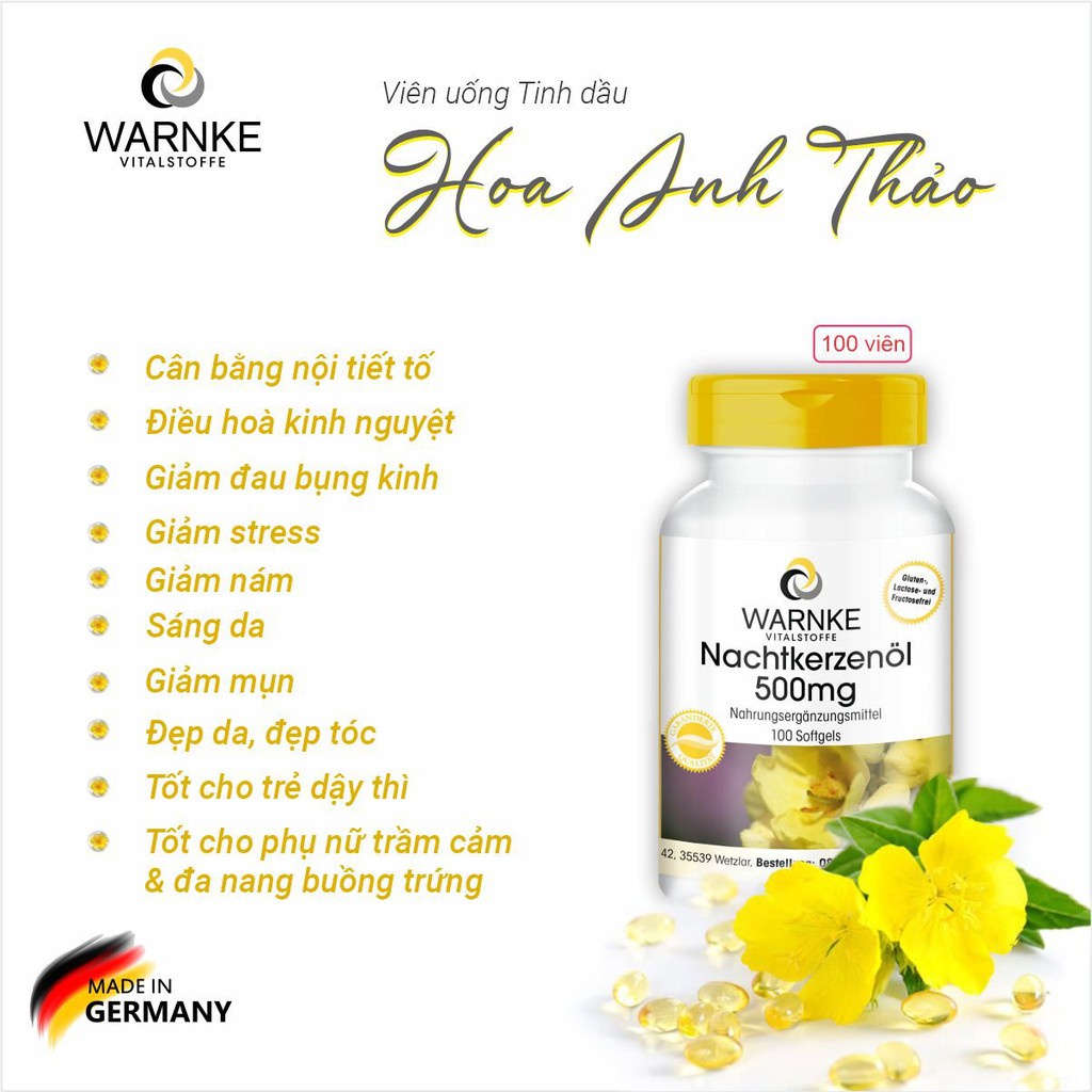 Tinh Dầu Hoa Anh Thảo Đức Warnke Nachtkerzenol 500mg 100 viên giúp làm đẹp da tóc cân bằng nội tiết nữ tốt cho tim mạch