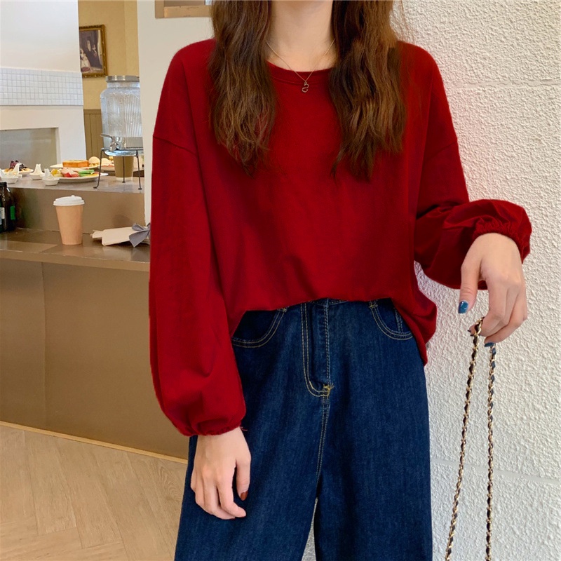 IELGY   Áo Thun Tay Dài Dáng Rộng Màu Sắc Đơn Giản Phong Cách Hàn Quốc