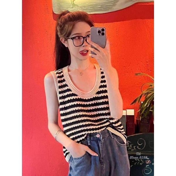 Áo len lưới kẻ viền hàng QC