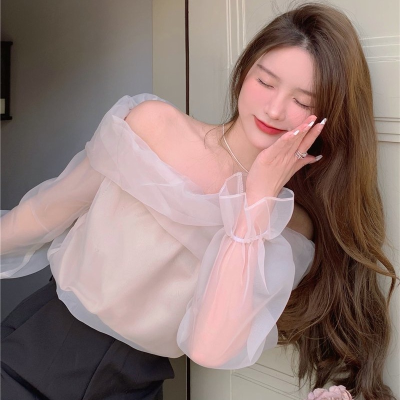 Áo Kiểu Tay Dài Trễ Vai Phối Lưới Kiểu Dáng Ngọt Ngào Nữ Tính