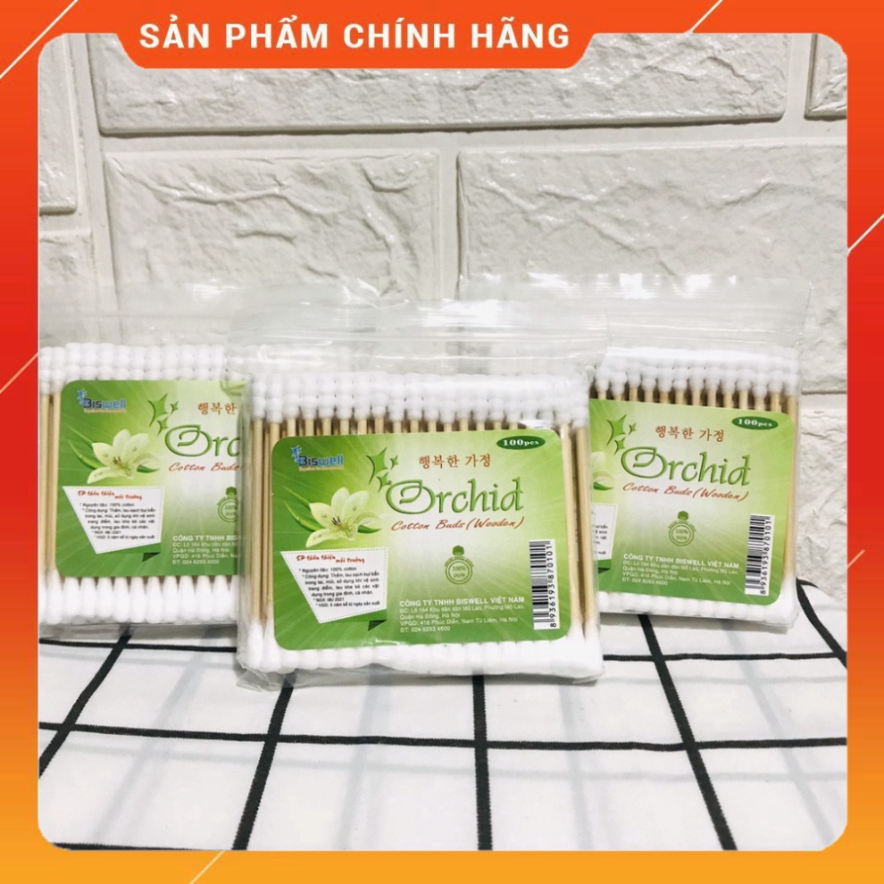 Tăm Bông Cán Gỗ Orchid Xuất Hàn 100 que
