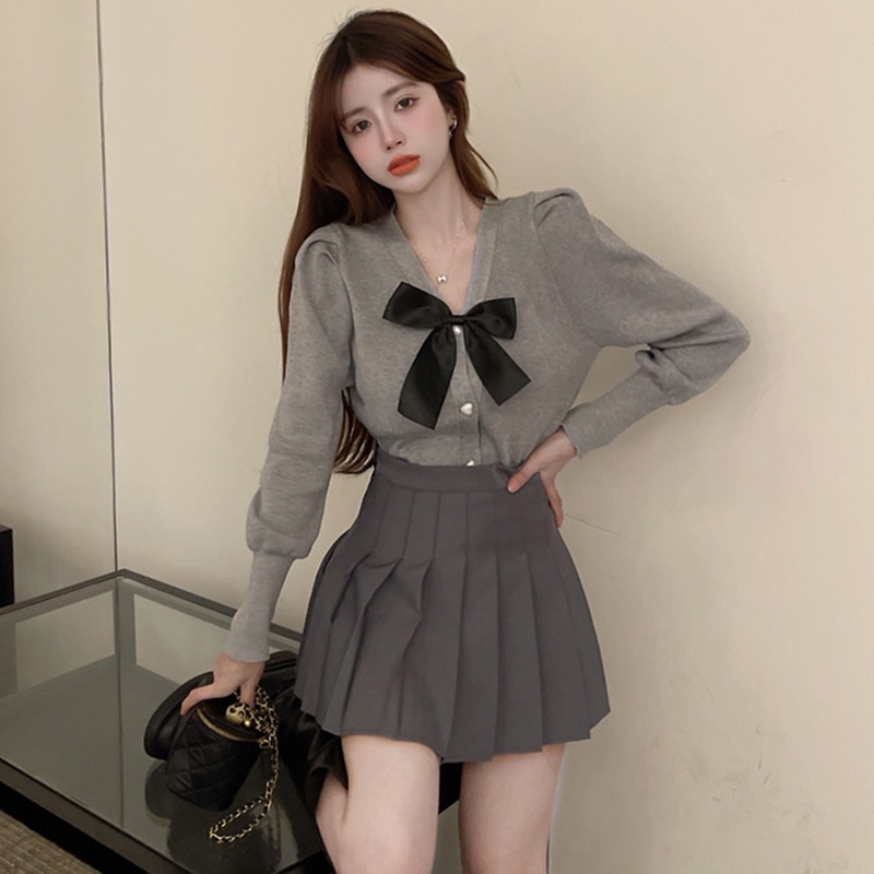Áo khoác cardigan ZHELIHANGFEI dệt kim tay dài dáng ôm đính nơ xinh xắn thời trang