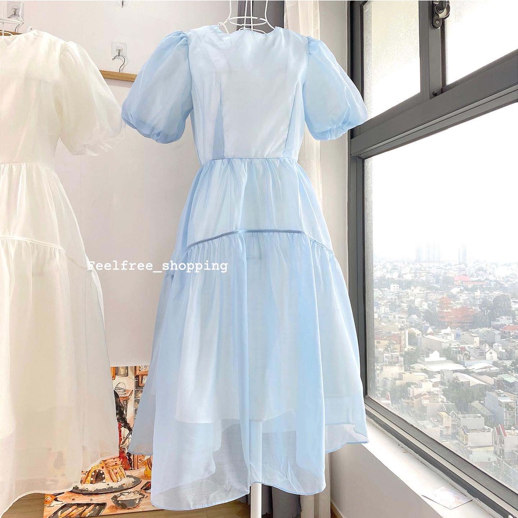 Đầm Dáng Dài Tay Xoè Cổ Vuông Hai Lớp Mặc Đi Tiệc, Đi Chơi, Kỷ Yếu (Hình Thật)