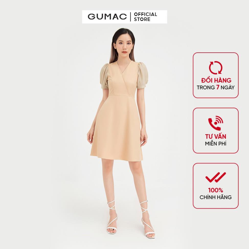 Đầm body nữ cổ V GUMAC thiết kế phối tay trẻ trung, công sở màu be DB442  ྆