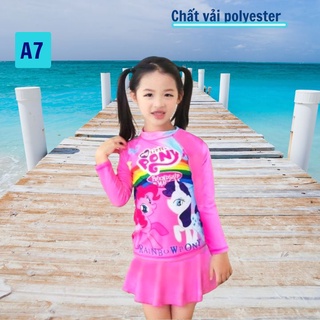 Đồ bơi bé gái tay dài hình Pony từ 10-39kg -quần giả váy tạo kín đáo- Tomchuakids